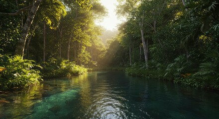 Fototapeta premium Serene Tropical River Scene Lush Rainforest Canopy Sunlight Streaming Through Trees Tranquil Water