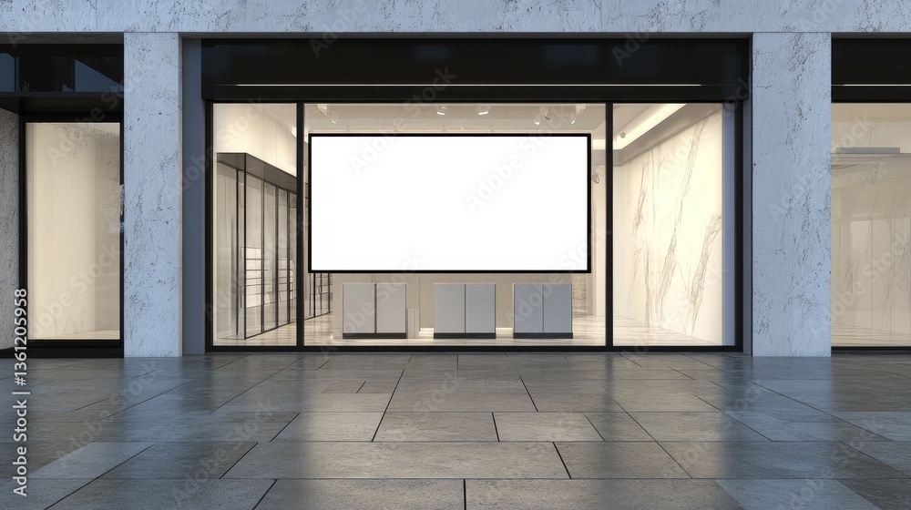 Poster a minimalist storefront with a blank sign and empty shop window, ideal for showcasing retail signage