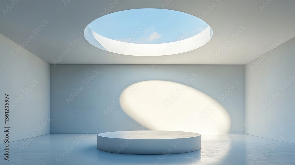 Poster A minimalist white podium standing under a futuristic skylight, bathed in soft light, creating an elegant and modern display for events or showcases