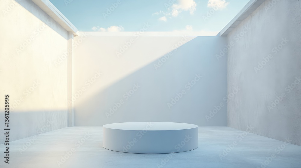 Poster A minimalist white podium standing under a futuristic skylight, bathed in soft light, creating an elegant and modern display for events or showcases
