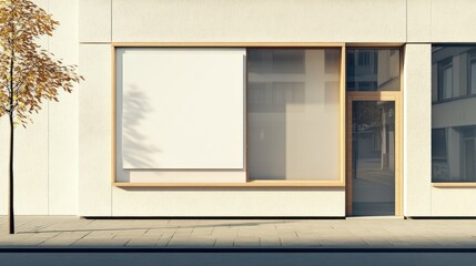 A minimalist storefront with a blank sign and empty shop window, ideal for showcasing retail signage concepts or vacant commercial spaces