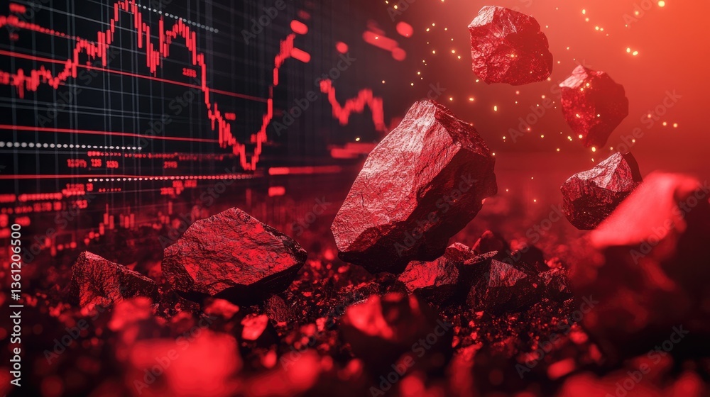 Poster a powerful visual of red rocks falling on digital stock charts, symbolizing volatility and sudden ch