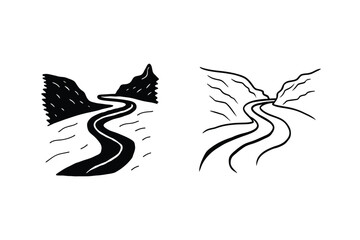 Scenic River Road Two Stylized Black and White Illustrations