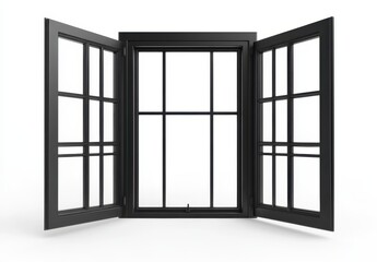 Open Black Casement Window with Multiple Panes on White Background