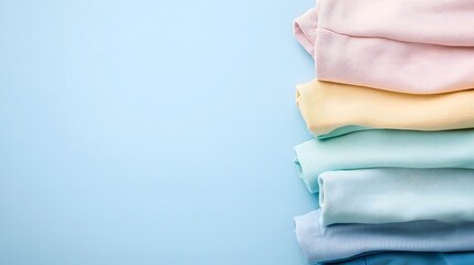 Neatly Folded Pastel Clothing Stacked in Minimalist Fabric Texture Background