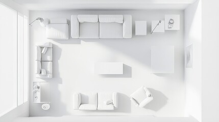 A spacious white living room interior design seen from a top-down perspective, with contemporary furnishings and sleek, minimalist style