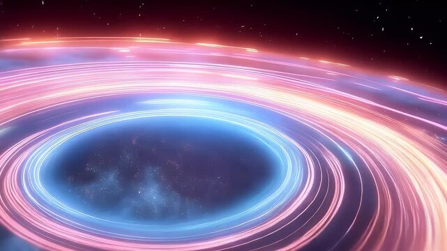 A mesmerizing digital artwork of swirling, radiant light trails in a deep cosmic background. A conceptual representation of energy, movement, and futuristic technology.