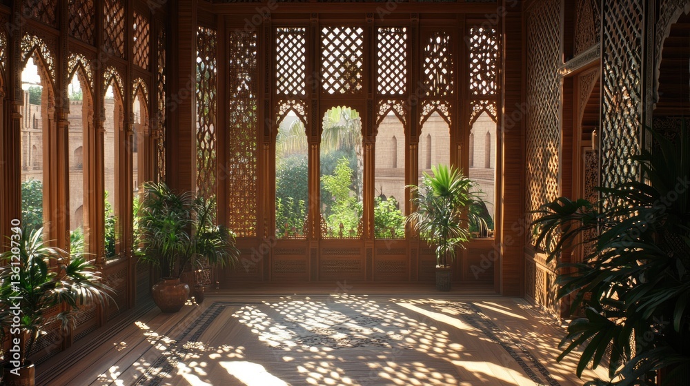 Poster a sunlit wooden interior featuring intricate latticework, creating a warm, inviting atmosphere with 