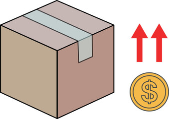 Cardboard box with arrow up and dollar sign. delivery fee going up concept vector illustration.