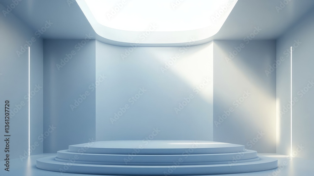 Poster an empty white podium with soft illumination from a futuristic skylight above, creating a clean, mod