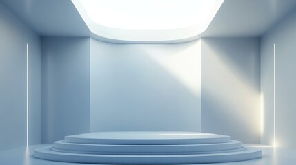Obraz premium An empty white podium with soft illumination from a futuristic skylight above, creating a clean, modern atmosphere ideal for product launches or exhibitions