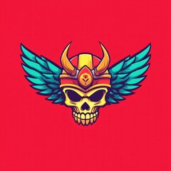 Obraz premium A cartoon skull with winged helmet on a solid red background