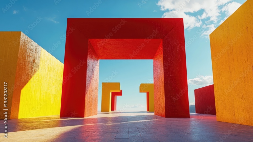 Poster bold red and yellow cube archway placed in a wide open area, symbolizing contemporary architectural 