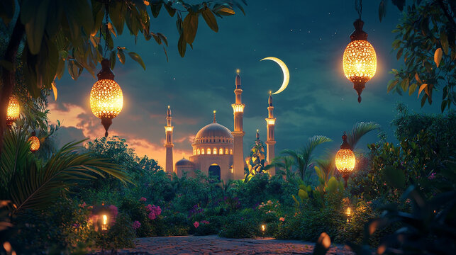 Eid al-Fitr Night with Glowing Lanterns and Crescent Moon. A breathtaking night scene featuring an illuminated mosque under a starry sky, with a glowing crescent moon symbolizing the end of Ramadan.