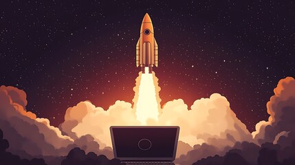 Fototapeta premium Rocket Launching from Laptop Screen, A rocket launching from a laptop screen, symbolizing technology and innovation