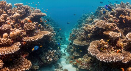 Obraz premium Vibrant Underwater Coral Reef Scene with Colorful Fish Stunning Marine Life