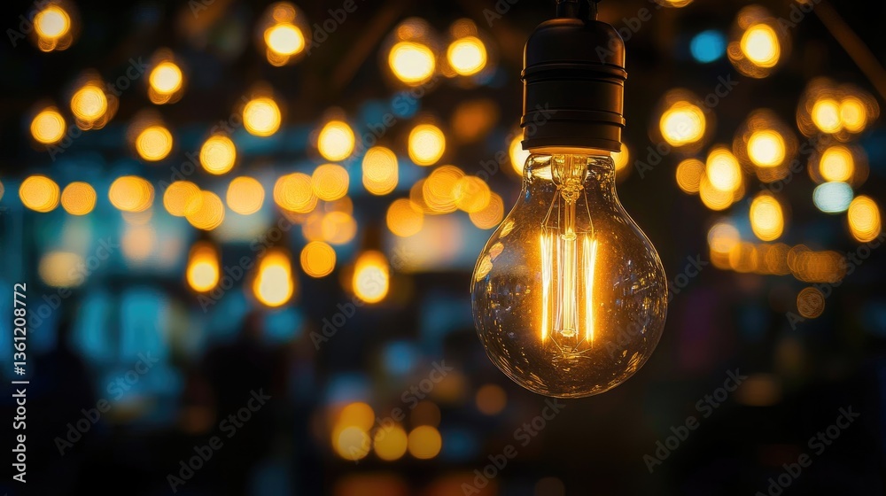 Poster edison bulbs glowing in a night market setting, surrounded by soft bokeh lights, creating a magical 