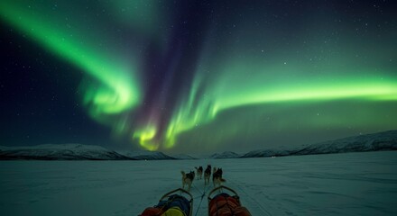 Breathtaking Aurora Borealis over Snowy Landscape Dog Sledding Adventure