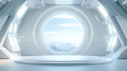 Futuristic White Spaceship Interior with Mountain View