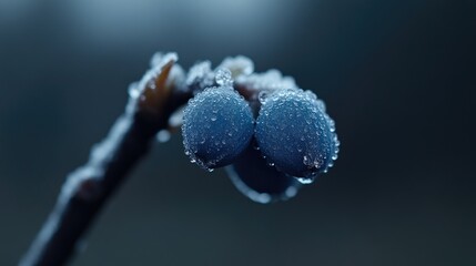 Frozen berries on a branch in the cold