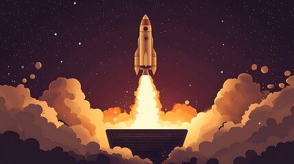 Obraz premium Rocket Launching from Laptop Screen, A rocket launching from a laptop screen, symbolizing technology and innovation