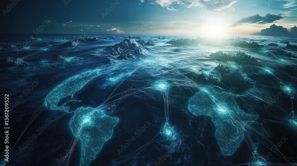 Poster global digital network shown with earth connected through fiber optic cables running under the ocean