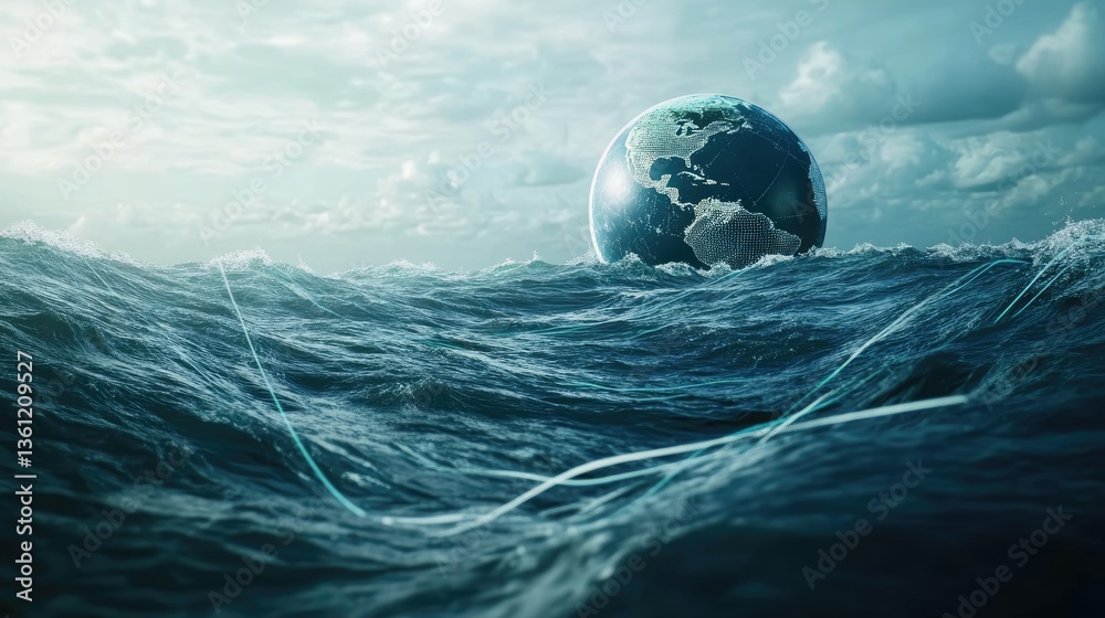 Poster global digital network shown with earth connected through fiber optic cables running under the ocean