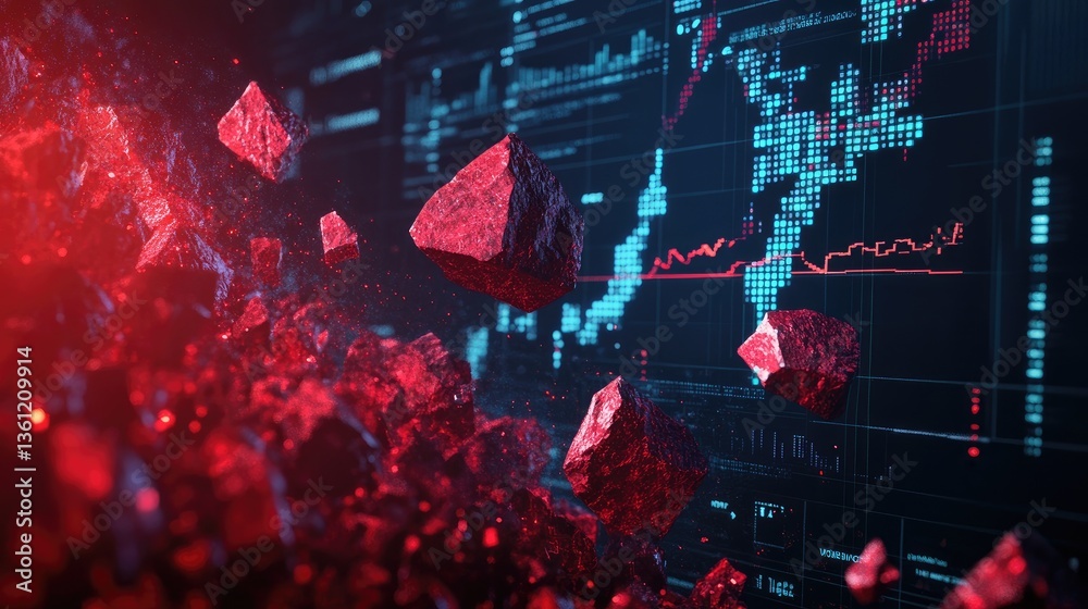Poster red rocks descending upon digital financial charts, creating a visual metaphor for market downturns 