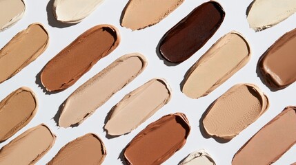 Swatches of different foundation shades spread out on a white surface, emphasizing a wide selection for makeup brands and beauty concepts