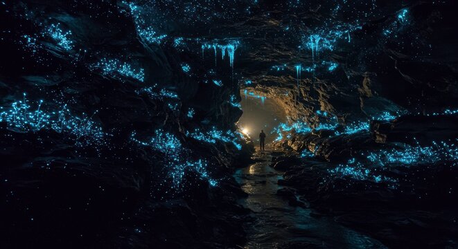 Person Exploring Bioluminescent Glowworm Cave Magical Underground River Scene