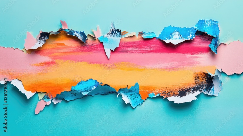 Aufkleber Torn paper with colorful abstract paint peeking through, creating an exciting visual contrast for use in modern art, design, or advertising promotions
