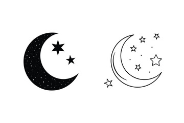 Crescent Moon, Stars, Night Sky, Celestial, Outline, Silhouette, Icons, Graphic Design, Simple, Mini