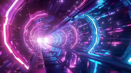 Fototapeta premium Futuristic Neon Lit Digital Tunnel with Glowing Pathways and Sci Fi Inspired Design