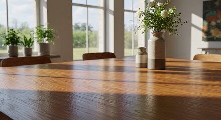 Fototapeta premium Wooden Table in Sunny Room With Vase and Greenery Decorations