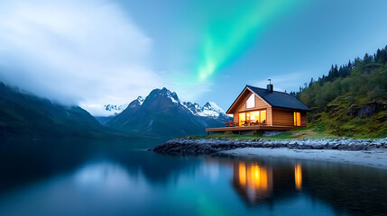 Fototapeta premium Mesmerizing aurora lights dance above a cozy mountain cabin by a serene lake at dusk for a captivating nature experience