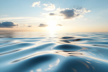 Fototapeta premium Minimal seascape with glossy silver swells and soft sunrise clouds, creating a clean modern background perfect for tech, luxury, and wellness visuals.