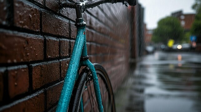 Teal bicycle leaning against a brick wall in the rain.