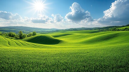 A serene landscape featuring rolling green hills under a bright blue sky with fluffy white clouds This tranquil scene evokes a sense of peace and calmness