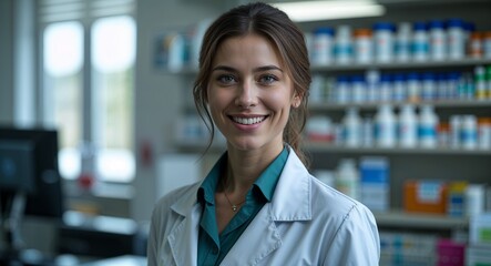 Fototapeta premium female pharmacist in blur office morning portrait smile looking at camera wearing uniform
