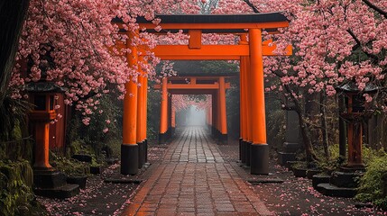 A serene Shinto shrine pathway lined with cherry blossoms and a torii gate creates a sense of reverence and beauty