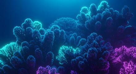 Glowing neon corals in shades of blue, cyan, and purple create a mesmerizing underwater scene. The bioluminescent effect highlights the intricate textures of the coral reef.
