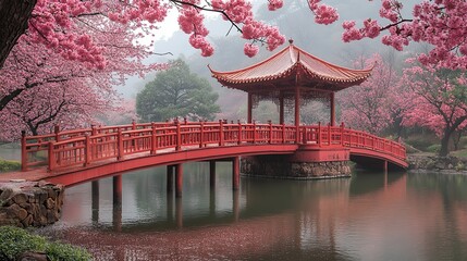 A serene urban park with cherry blossoms and a charming bridge invites tranquility and relaxation amidst the city