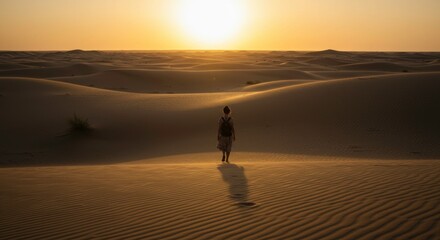 Woman Walking Alone in Desert Landscape at Sunset Golden Hour