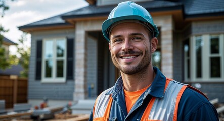 Fototapeta premium male construction worker in outdoor of front house portrait smile looking at camera wearing uniform