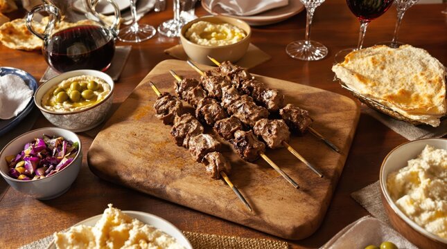 Lamb kebabs centerpiece on wooden board with mezze spread including baba ganoush, hummus, olives, torn flatbread with airy interior, red wine carafe and glasses