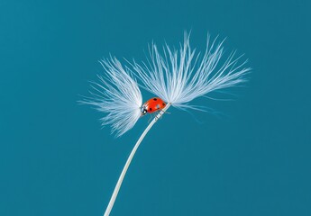 Ladybug on dandelion seed head against teal background.