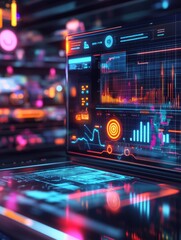 Fototapeta premium Futuristic digital assistant interface processes grocery order using voice command with neon accents and advanced visual elements Generative AI