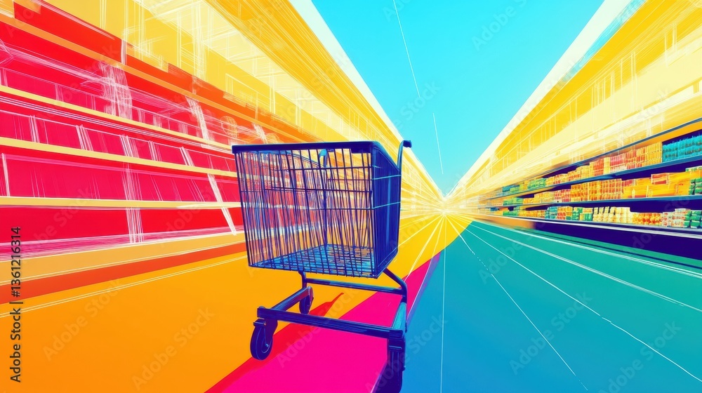 Aufkleber grocery cart in motion amid colorful supermarket aisles filled with products and vibrant energy gene