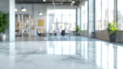 Blurred view of modern office interior with marble floor and large windows providing natural light