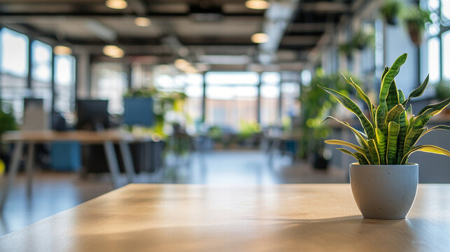Close up of snake plant in a pot on a desk with blurred office background during daytime setting indoors